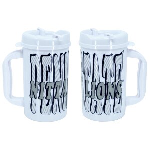 2 views white plastic travel mug with Penn State Nittany Lions